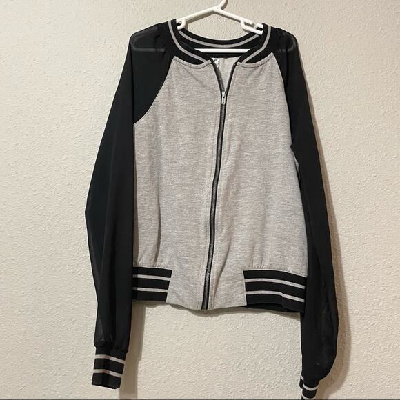 Disney Dsigned Grey & Black Bomber Jacket Girls L Kids Sheer Sleeve Varsity - Picture 1 of 5